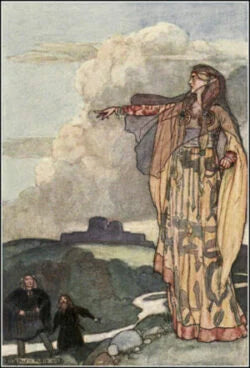 The Celtic goddess Macha stands on a hill, pointing into the distance. She wears a flowing gown adorned with intricate patterns and has long, loose hair. 