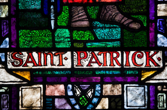 Stained glass panel featuring the words 