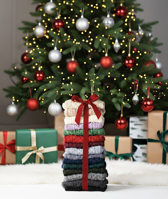 A stack of colorful knitted Aran sweaters tied with a red ribbon is placed in front of a Christmas tree decorated with silver and red ornaments, surrounded by wrapped gifts.