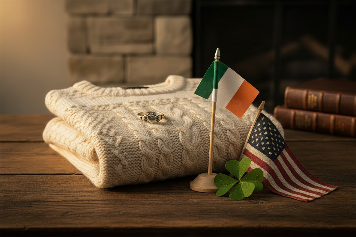 An Aran sweater and Claddagh ring on a wooden surface with Irish and American flags on poles and a sprig of shamrock