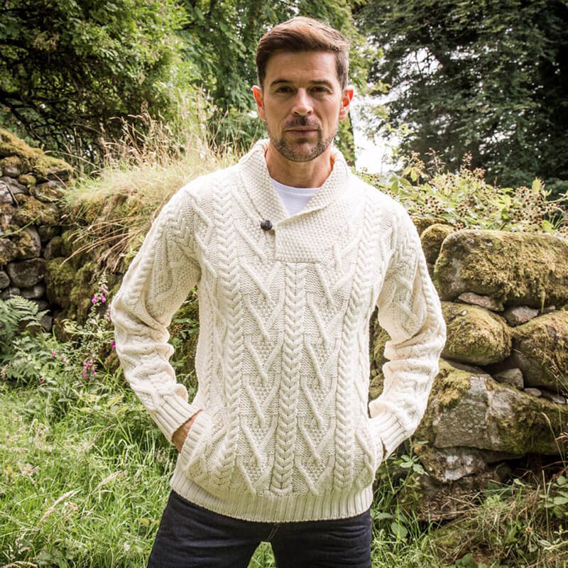 Mens V-Neck One Button Aran Sweater Clearance- The Irish Store