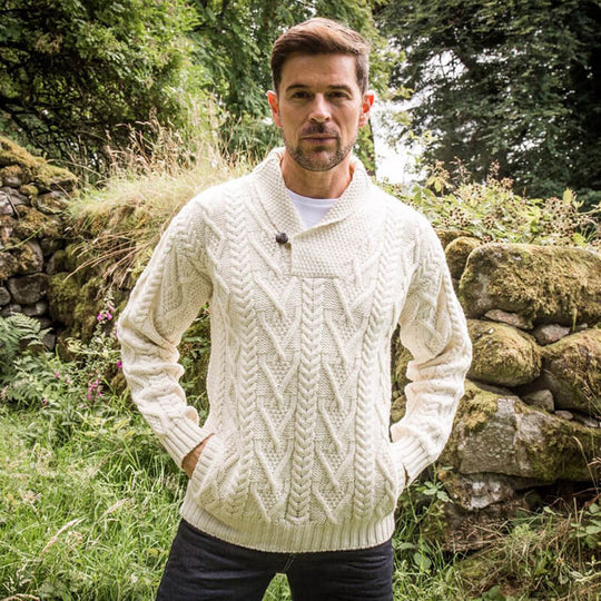 Men's V-Neck One Button Aran Sweater - Clearance