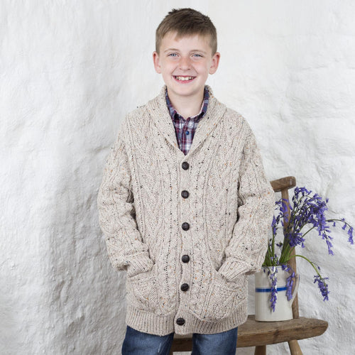 Boys Aran Shawl Collar Button Cardigan The Irish Store