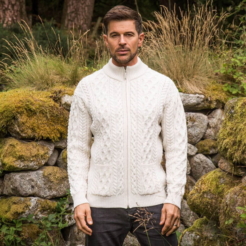 IRISHMAN ホワイト セーター Men's Aran Zip Cardigan | The Irish Store