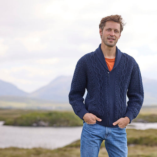 Men's Aran Shawl Collar Zip Cardigan at The Irish Store