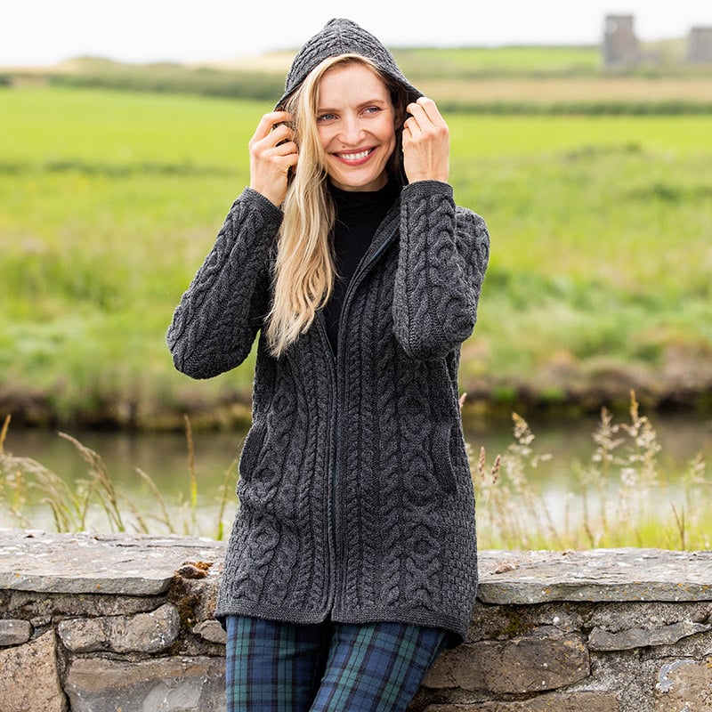 Charcoal Aran Hooded Cardigan-Clearance