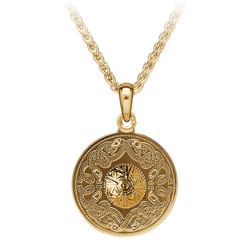Gold Celtic warrior pendant necklace on a white background