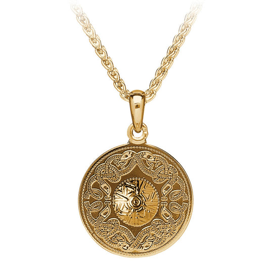 Gold Celtic warrior pendant necklace on a white background