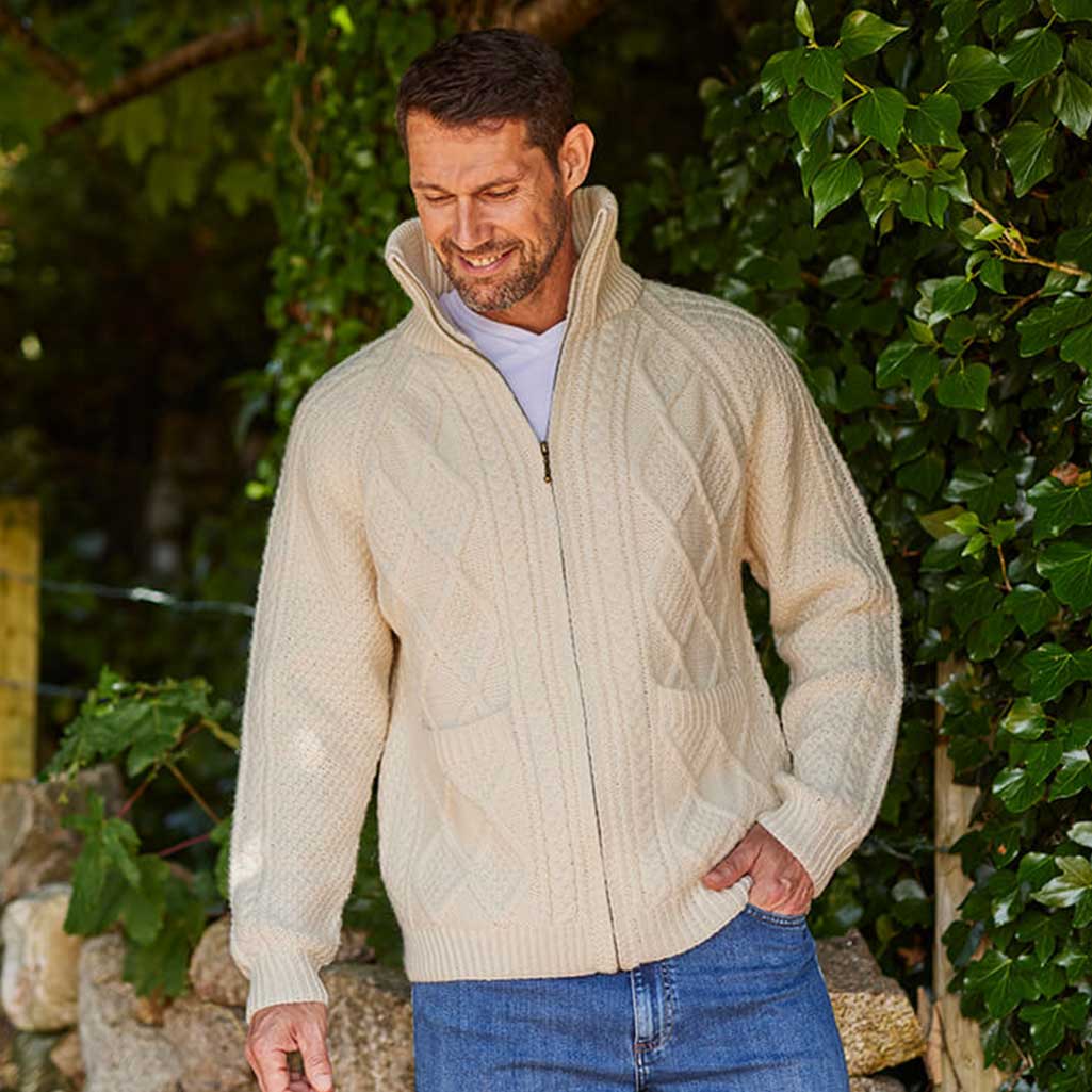 Men's Hand Knit Aran Zipper Cardigan - The Irish Store