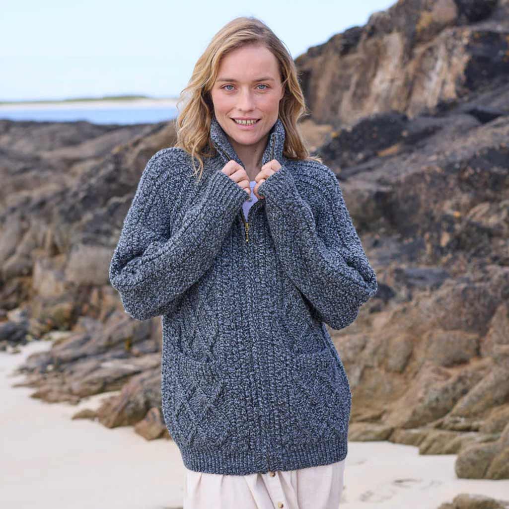 Women's Hand Knit Aran Zipper Cardigan - The Irish Store
