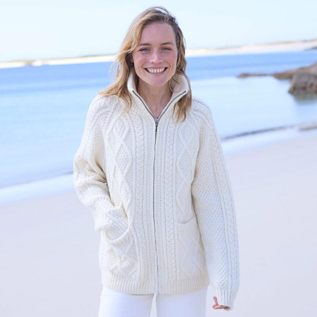 Women's Hand Knit Aran Zipper Cardigan - The Irish Store