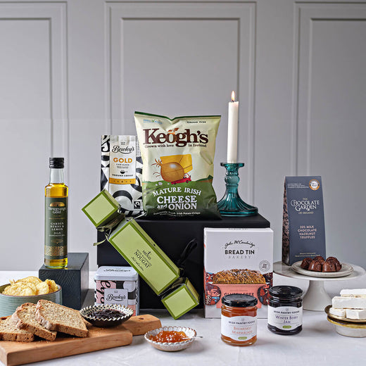 Vegan Irish gourmet gift box with dairy free chocolate, crisps, sparkling drink and plant based treats