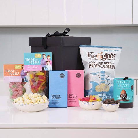 Vegan Irish sweet treats gift box with popcorn, sweets, chocolate and confectionery snacks