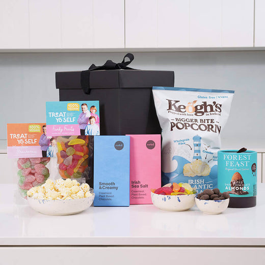 Vegan Irish sweet treats gift box with popcorn, sweets, chocolate and confectionery snacks