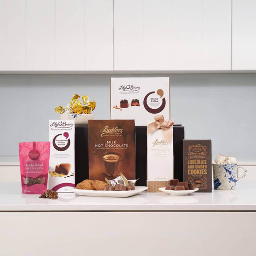 Irish chocolate gift box with luxury chocolates, hot chocolate, truffles and sweet biscuits