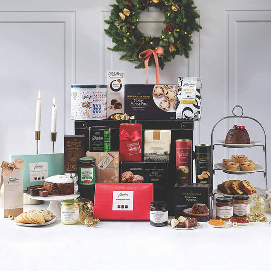 The Irish Banquet Hamper with Butlers chocolates, Irish fruit cake, Bewley's coffee, mince pies and premium Irish gourmet treats