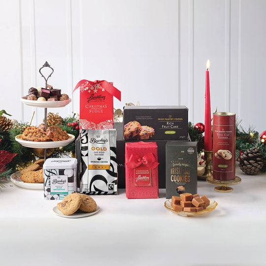 Christmas Family Delights Hamper with Butlers chocolates, Irish fruit cake, Bewley's coffee, oat cookies and traditional Irish treats