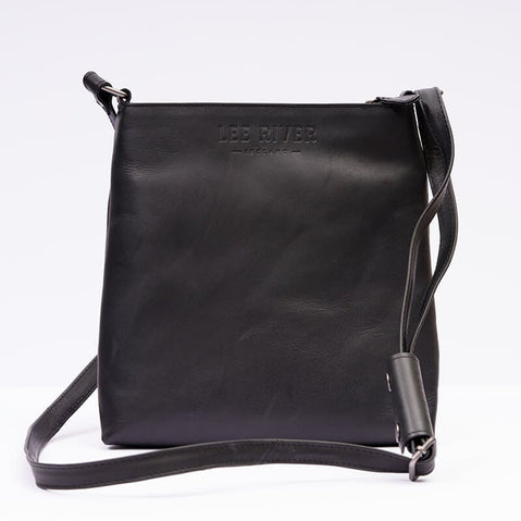 Black leather crossbody bag with an embossed “LEE RIVER” logo and adjustable strap, shown against a light background.