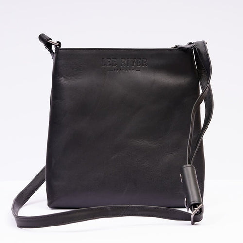 Black leather crossbody bag with an embossed “LEE RIVER” logo and adjustable strap, shown against a light background.