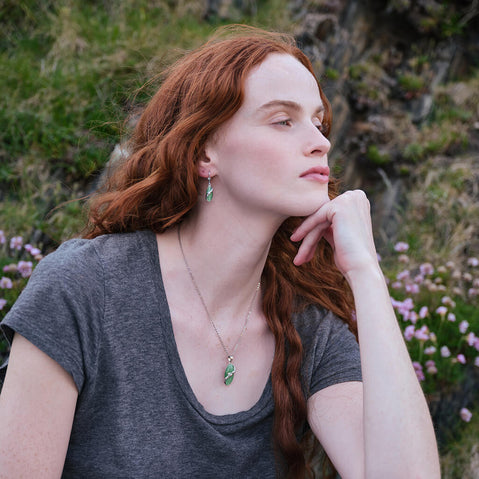 Image featuring the Claddagh Cat’s Eye Jewelry Set, crafted with the iconic Irish Claddagh symbol representing love, loyalty, and friendship, accented with vibrant green cat’s eye stones in a matching pendant necklace and earring set inspired by Celtic heritage.