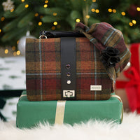 Women's Classic Irish Wool Newsboy Cap in brown tweed paired with brown Fiona Tweed Bag