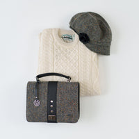 Womens Fisherman Lightweight Crew Neck Heritage Sweater styled with Women's Classic Irish Wool Newsboy Cap and Fiona Tweed Bag