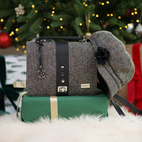 Women's Classic Irish Wool Newsboy Cap in grey tweed paired with grey Fiona Tweed Bag