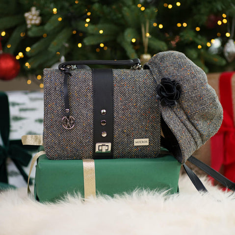 Women's Classic Irish Wool Newsboy Cap in grey tweed paired with grey Fiona Tweed Bag