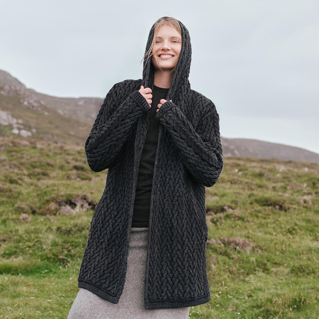 Women's Hooded Aran Waterfall Cardigan — Made in Ireland