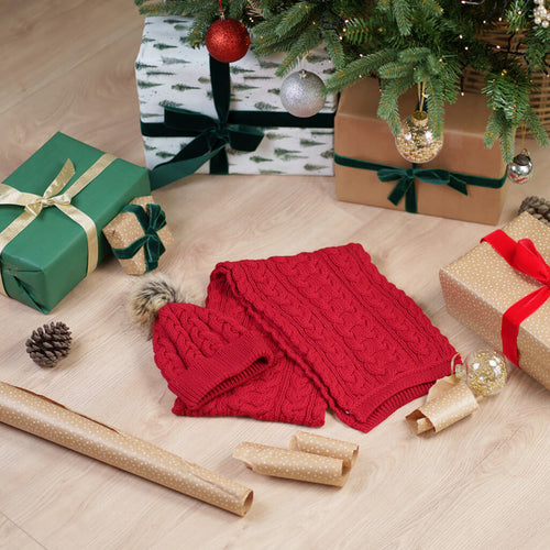 Red Aran cable knit hat and scarf set - Traditional Irish winter accessories made from 100% merino wool
