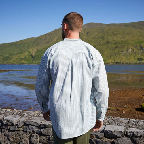 Mens Stonewashed Striped Hooded Grandad Shirt - Green, 4XL, Handmade In Nepal, 100% Cotton