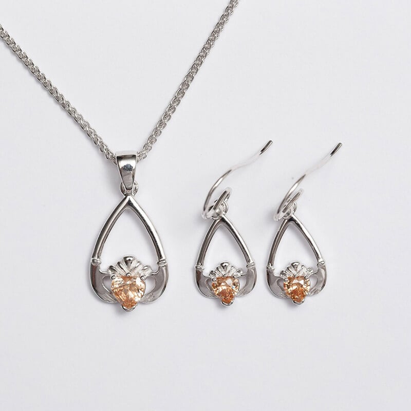 Claddagh Birthstone Pendant & Earrings Set