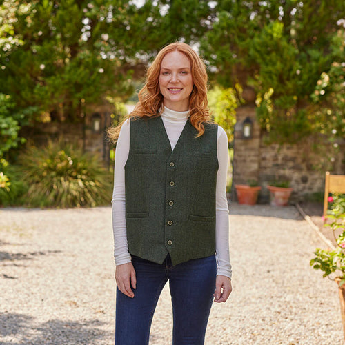 Gilet En Laine Tweed Herringbone Vert - King & Priory Homme - Luxe