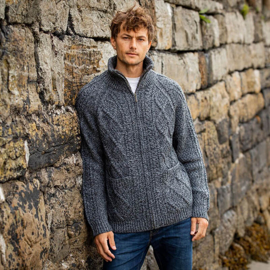 Men's Hand Knit Aran Zipper Cardigan