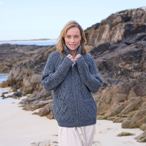Women's Hand Knit Aran Zipper Cardigan
