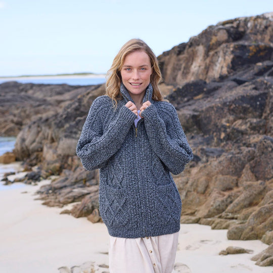 Women's Hand Knit Aran Zipper Cardigan