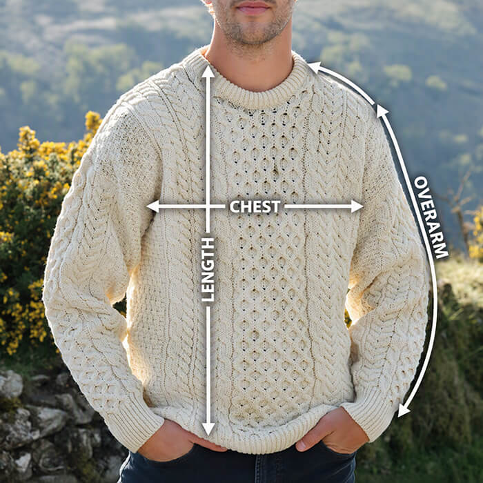 Men's Aran sweater showing where to measure chest, length and overarm