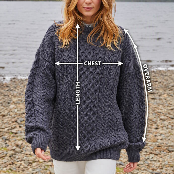 Women's Aran sweater showing where to measure chest, length and overarm