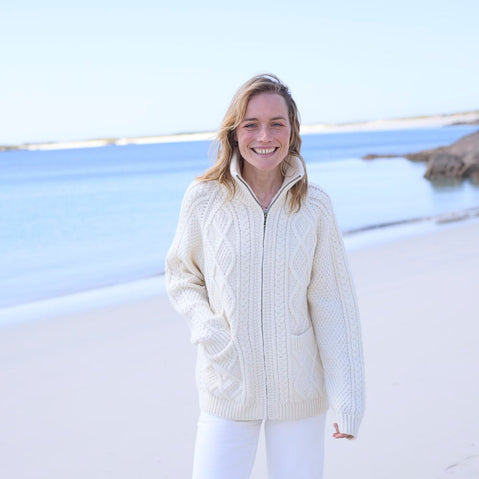 Women's Hand Knit Aran Zipper Cardigan