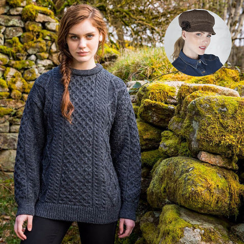 Women's Irish Heritage Set: Fisherman Sweater & Wool Newsboy Cap