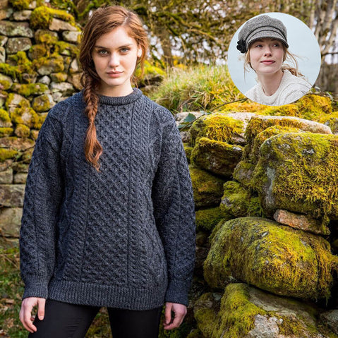 Women's Irish Heritage Set: Fisherman Sweater & Wool Newsboy Cap