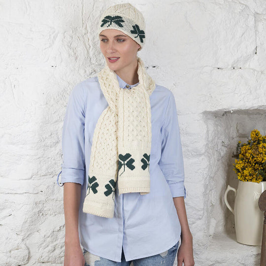 Cream Hat & Scarf with Shamrocks