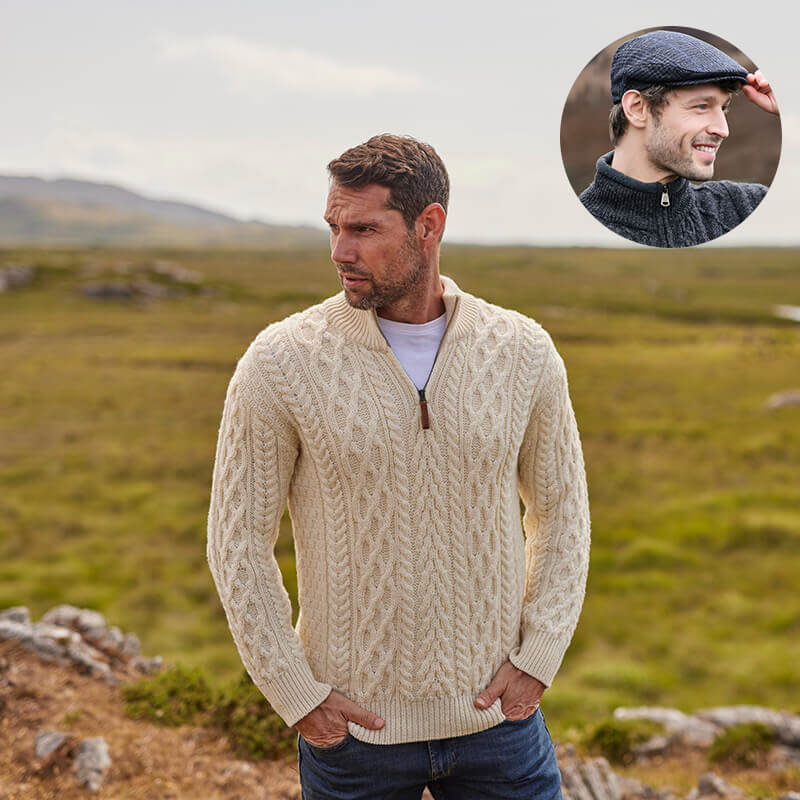 Men's Irish Heritage Set – Half Zip Wool Sweater & Plaid Flat Cap