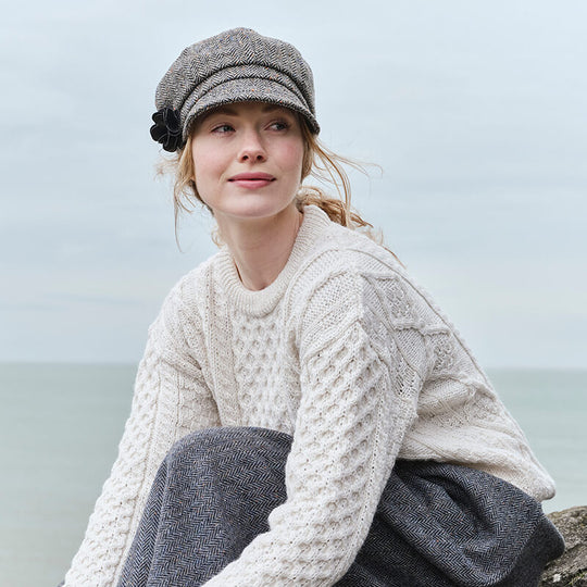 Women's Irish Heritage Set: Fisherman Sweater & Wool Newsboy Cap