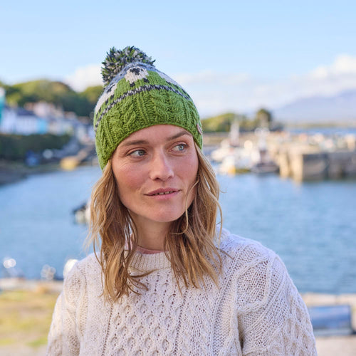 Women's Blue/Green Sheep Bobble Hat - Main Image