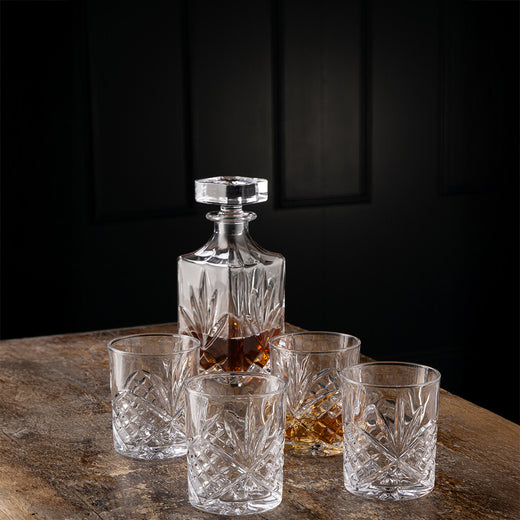 alway Crystal Inisheer Decanter Set with crystal decanter and four whiskey tumblers featuring traditional Irish cut glass design