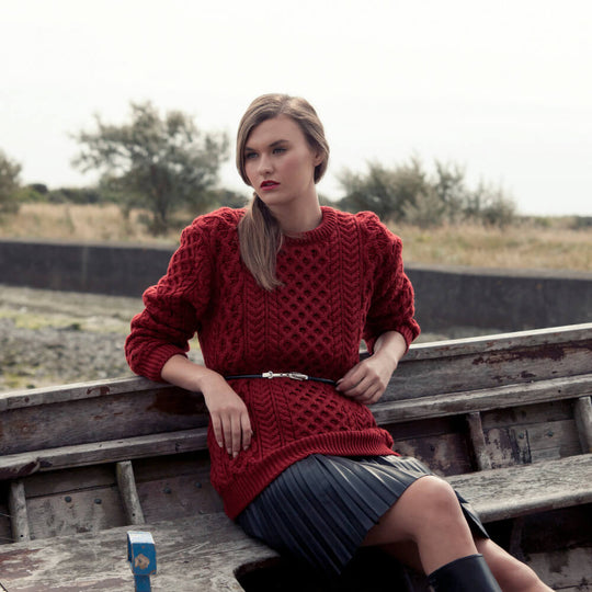 Donegal Wool Blasket Aran Sweater Red Extra Large