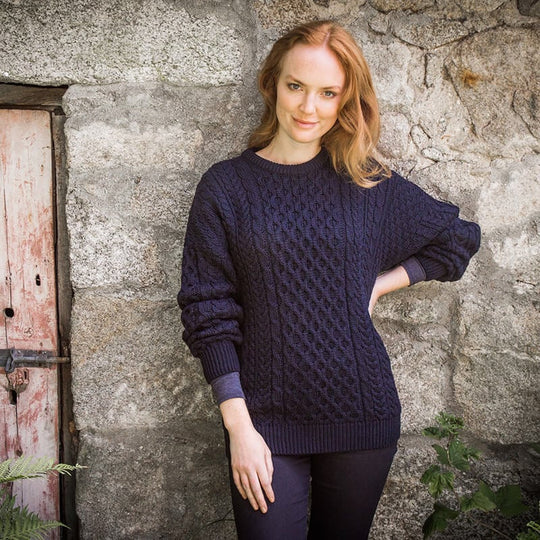 Women's Traditional Crew Neck Aran Sweater- Clearance