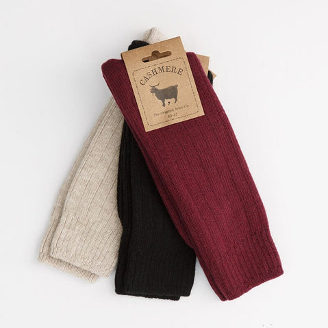 A set of men's cashmere blend socks in beige, brown, and black colors, displayed with a 'Cashmere' brand tag.