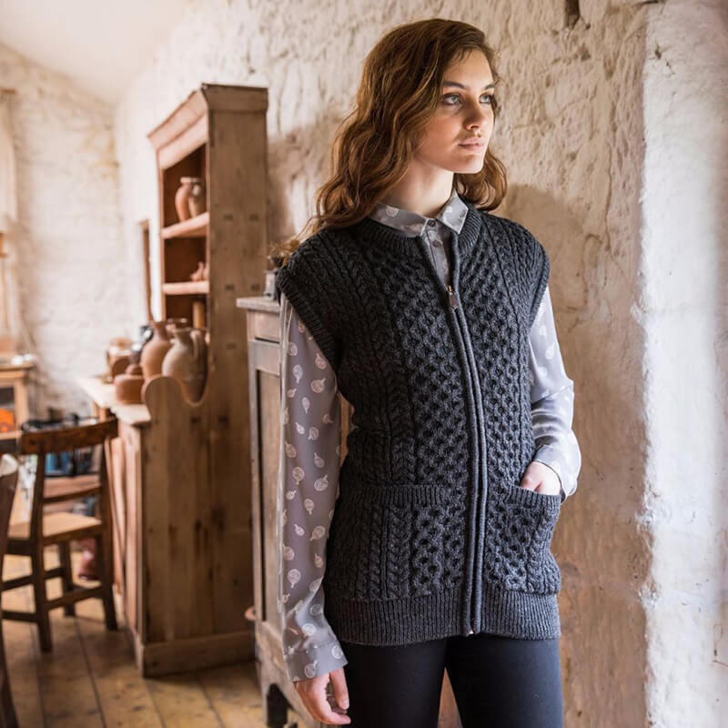 Women's Traditional Fisherman Zipper Vest | The Irish Store